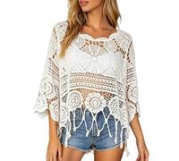WANWEN Women's Plain Fringe Trim Cut Out Sheer Cover Up, Boho Scallop Trim Sarong 3/4 Sleeve, Plain Fringe Cut Out Round Neck Beach Cover Up for Vacation Poolside (White,TTG)