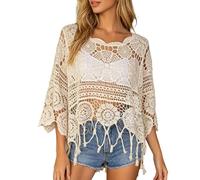 WANWEN Women's Plain Fringe Trim Cut Out Sheer Cover Up, Boho Scallop Trim Sarong 3/4 Sleeve, Plain Fringe Cut Out Round Neck Beach Cover Up for Vacation Poolside (Beige,TG)
