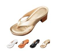 WANWEN Women's Solid Color Summer Chunky Heel Sandals Slip on Open Toe Square Toe Comfortable Heeled Sandals Shoes Wedges for Women Casual Flip Flops with Arch Support (gold,37)