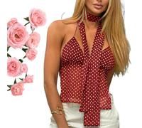 WANWEN Y2k Polka Dot Tank Top for Women Spaghetti Strap V Neck Cami Tank Scarf Tops Sleeveless Backless Crop Cami Coquette Halter Clothes Going Out Tops (Red,Grand)