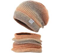 WANYIG 2 Pièces Bonnet écharpe Hiver pour Femme en Maille Fine et Doublure Laine Polaire Toute Douce Cache Cou Chapeau Casquette Femme Hiver Bonnet de Laine 56-60CM (Orange)