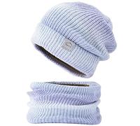 WANYIG 2 Pièces Bonnet écharpe Hiver pour Femme en Maille Fine et Doublure Laine Polaire Toute Douce Cache Cou Chapeau Casquette Femme Hiver Bonnet de Laine 56-60CM (Violet)