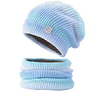 WANYIG 2 Pièces Bonnet écharpe Hiver pour Femme en Maille Fine et Doublure Laine Polaire Toute Douce Cache Cou Chapeau Casquette Femme Hiver Bonnet de Laine 56-60CM (Bleu)
