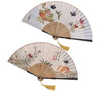 WANYIG 2 Pièces Éventail Pliant Ventilateur à Main en Soie et Bambou été Ventilateur Pliable Chinois avec Gland pour décoration Danser Mariage Murale Cadeaux (Style #3)