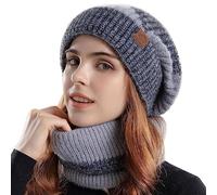 WANYIG Femme Bonnet et Écharpe Hiver Chaud Épais Doublure 2 en 1 Ensemble Bonnet Echarpe Bonnet Tricoté Chapeau Cache-Cou élastique Casquettes de Ski pour Activité en Plain Air (Gris)