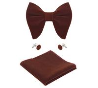 WANYING Homme Velours Surdimensionné Noeud Papillon Pré-nouée Réglable & Mouchoir de Poche & Boutons de Manchettes Ensembles 3 en 1 - Uni Marron