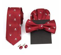 WANYING Hommes 6cm Cravate Etroite & Nœud Papillon Pré-nouée & Mouchoir de Poche & Bouton de Manchette 4 en 1 Sets Yuppie Mode D’affaire Décontractée - Motif tête de mort Bordeaux Rouge