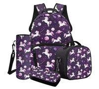 Wanyint Ensemble de 4 sacs d'école pour filles comprenant un sac à livres, un sac isotherme, une trousse à crayons, un porte-bouteille d'eau, Cheval Galaxie Planète Violet, Taille unique, Sacs à dos