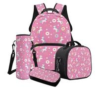 Wanyint Ensemble de 4 sacs d'école pour filles comprenant un sac à livres, un sac isotherme, une trousse à crayons, un porte-bouteille d'eau, Donut Cheval Rose, Taille unique, Sacs à dos de jour