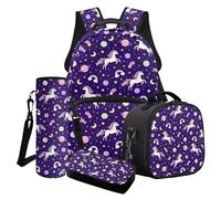 Wanyint Ensemble de 4 sacs d'école pour filles comprenant un sac à livres, un sac isotherme, une trousse à crayons, un porte-bouteille d'eau, Horse Planet Moon Star Violet, Taille unique, Sacs à dos