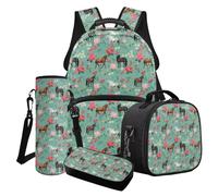 Wanyint Ensemble de 4 sacs d'école pour filles comprenant un sac à livres, un sac isotherme, une trousse à crayons, un porte-bouteille d'eau, Cheval Lotus Floral Vert, Taille unique, Sacs à dos de