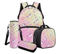 Wanyint Ensemble de 4 sacs d'école pour filles comprenant un sac à livres, un sac isotherme, une trousse à crayons, un porte-bouteille d'eau, Horse Planet Moon Star Gradient, Taille unique, Sacs à dos
