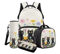 Wanyint Ensemble sac à dos 4 en 1 pour fille comprenant sac à dos, pique-nique, sac à déjeuner, trousse à crayons, porte-bouteille d'eau, Chat Noir Marguerite Beige, Taille unique, Sacs à dos de jour