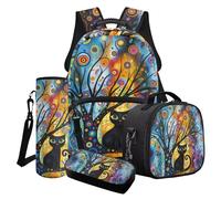 Wanyint Ensemble sac à dos d'école 4 en 1 pour filles, y compris sac à livres, boîte à déjeuner thermique, trousse à crayons, porte-bouteille d'eau pour enfants et adolescents, Arbre abstrait chat