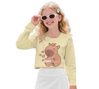 Wanyint Haut court pour filles - Chandail à manches courtes et longues pour l'automne et l'hiver - Pull à col rond - Hauts décontractés pour enfants de 5 à 14 ans, Capybara Bubble Tea Jaune, 13-14 ans
