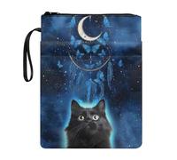 Wanyint Housse de livre avec fermeture éclair pour livres de poche avant de 29 x 22 cm pour parents, fille, fils, grands-parents, chat noir, lune, papillon, attrape-rêves