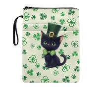 Wanyint Housse de livre en tissu lavable avec fermeture éclair pour livre de poche - 29 x 22 cm - Pour remise de diplôme, anniversaire de mariage, Saint-Patrick, motif patte de chat noire, trèfle vert