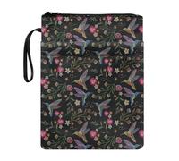Wanyint Housse de livre légère et lavable en tissu avec fermeture éclair - Pochette de livre pour les amateurs de livres, 29 x 22 cm, fleurs de colibri, noir