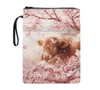 Wanyint Housse de livre lisse à fermeture éclair avec poche avant de 29 x 22 cm pour parents, fille, fils, grands-parents, vache des Highlands et fleurs de pêche