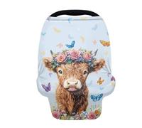 Wanyint Housse de siège auto pour bébé Highland Vache Papillon Bleu Écharpe de siège auto extensible Écharpe d'allaitement pour siège de voiture Auvent respirant pour garçons et filles