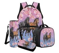 Wanyint Lot de 4 sacs à dos d'école pour enfants, sac à dos pour ordinateur portable avec sac à déjeuner, trousse à crayons, sac de transport pour bouteille d'eau, Cheval Fleur de Pêche, Taille unique