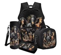 Wanyint Lot de 4 sacs à dos d'école pour enfants, sac à dos pour ordinateur portable avec sac à déjeuner, trousse à crayons, sac de transport pour bouteille d'eau, Cheval de course noir, Taille unique