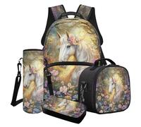 Wanyint Lot de 4 sacs à dos d'école pour enfants, sac à dos pour ordinateur portable avec sac à déjeuner, trousse à crayons, sac de transport pour bouteille d'eau, Cheval blanc floral, Taille unique
