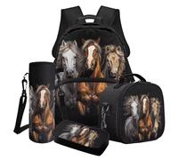 Wanyint Lot de 4 sacs à dos d'école pour enfants, sac à dos pour ordinateur portable avec sac à déjeuner, trousse à crayons, sac de transport pour bouteille d'eau, Cheval tricolore, Taille unique