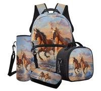 Wanyint Lot de 4 sacs à dos d'école pour enfants, sac à dos pour ordinateur portable avec sac à déjeuner, trousse à crayons, sac de transport pour bouteille d'eau, Cheval de course à pied Bord de