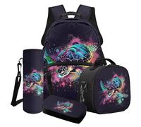 Wanyint Lot de 4 sacs à dos d'école pour filles, y compris sac d'école, glacière, boîte à déjeuner, trousse à crayons, porte-bouteille d'eau, Tortue de mer éclaboussures de peinture rose, Taille