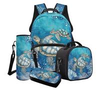 Wanyint Lot de 4 sacs à dos d'école pour filles, y compris sac d'école, glacière, boîte à déjeuner, trousse à crayons, porte-bouteille d'eau, Bleu tortue de mer., Taille unique, Sacs à dos de jour