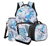 Wanyint Lot de 4 sacs à dos d'école pour filles, y compris sac d'école, glacière, boîte à déjeuner, trousse à crayons, porte-bouteille d'eau, Éclaboussures de peinture tortue de mer, Taille unique