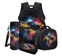 Wanyint Lot de 4 sacs à dos d'école pour filles, y compris sac d'école, glacière, boîte à déjeuner, trousse à crayons, porte-bouteille d'eau, Tortue de mer éclaboussures de peinture colorée, Taille