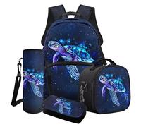 Wanyint Lot de 4 sacs à dos d'école pour filles, y compris sac d'école, glacière, boîte à déjeuner, trousse à crayons, porte-bouteille d'eau, Tortue de mer Galaxie Bleu, Taille unique, Sacs à dos de