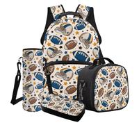 Wanyint Lot de 4 sacs à dos d'école pour garçons et enfants, y compris sac d'école, sac à déjeuner, trousse à crayons, porte-bouteille d'eau, Star du football américain, Taille unique, Sacs à dos de