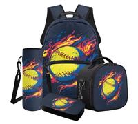 Wanyint Lot de 4 sacs à dos d'école pour garçons et enfants, y compris sac d'école, sac à déjeuner, trousse à crayons, porte-bouteille d'eau, Baseball Fire Bleu foncé, Taille unique, Sacs à dos de