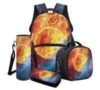 Wanyint Lot de 4 sacs à dos d'école pour garçons et enfants, y compris sac d'école, sac à déjeuner, trousse à crayons, porte-bouteille d'eau, Pickleball Flame Blue Orange, Taille unique, Sacs à dos de