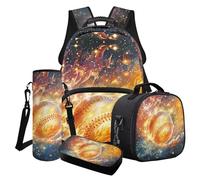 Wanyint Lot de 4 sacs à dos d'école pour garçons et enfants, y compris sac d'école, sac à déjeuner, trousse à crayons, porte-bouteille d'eau, Baseball Flamme Galaxie Or, Taille unique, Sacs à dos de
