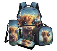 Wanyint Lot de 4 sacs à livres pour filles, sac à dos pour ordinateur portable avec sac à déjeuner, trousse à crayons, porte-bouteille d'eau, Jolie vache Highland, Taille unique, Sacs à dos de jour