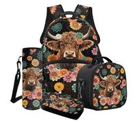 Wanyint Lot de 4 sacs à livres pour filles, sac à dos pour ordinateur portable avec sac à déjeuner, trousse à crayons, porte-bouteille d'eau, Vache Highland Boho Floral Noir, Taille unique, Sacs à dos