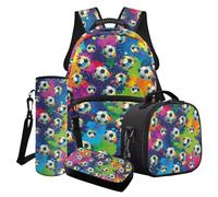 Wanyint Lot de 4 sacs à livres pour garçons, sac à dos pour ordinateur portable avec sac à déjeuner, trousse à crayons, porte-bouteille d'eau, Éclaboussures de peinture de football colorées, Taille