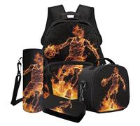 Wanyint Lot de 4 sacs à livres pour garçons, sac à dos pour ordinateur portable avec sac à déjeuner, trousse à crayons, porte-bouteille d'eau, Flamme joueur de basket-ball, taille unique