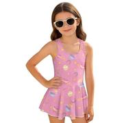 Wanyint Maillot de bain une pièce pour filles, col en U avec slip intérieur, jupe attachée, maillot de bain pour 3 à 13 ans, Planète lune étoile rose, 8-9 ans