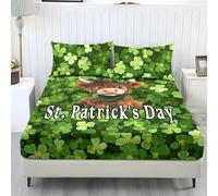 Wanyint Parure de lit 3 pièces pour lit simple - Drap-housse confortable infroissable avec 2 taies d'oreiller - Drap de lit d'hiver doux pour décoration de la Saint-Patrick - Chapeau de leprechaun