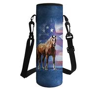 Wanyint Sac de transport pour bouteille d'eau motif cheval marron pour voyage, camping, marche, randonnée, course à pied, bleu marine, motif drapeau américain