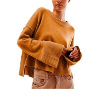Wanzetaly Chandails courts surdimensionnés pour femmes, col ras-du-cou, manches pagodes, pull en tricot, marron, Taille S