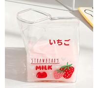 WANZSC Tasse à lait carrée Kawaii en verre de 380 ml - Fraise mignonne - Tasse à petit-déjeuner créative pour la maison, portable, étudiant, tasse à lait transparente (A)