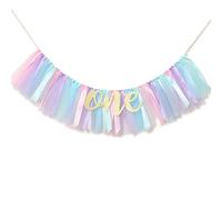 WAOUH Bannière pour bébé Fille pour 1er Anniversaire - Bannière de Chaise Haute pour décoration de Premier Anniversaire, Accessoire Photo de gâteau, bannière en Tulle (Turquoise Clair et Bleu Clair)