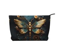 WapNo Sac fourre-tout en velours côtelé avec motif de libellule et de fleur délicate de couleur dorée, sac fourre-tout portable de grande capacité avec fermeture éclair, sac de rangement, noir, taille