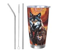 WapNo Tasse isotherme en acier inoxydable avec motif de loup avec motif de feu - Pour le bureau et la voiture